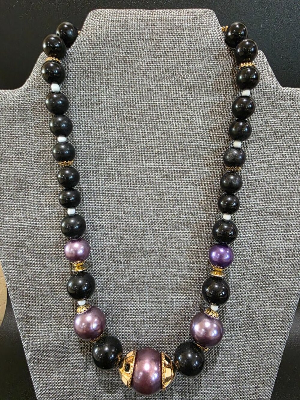 Vintage 1980s Chunky Statement Necklace - Royal Purple Pearl & Glossy Black Gold